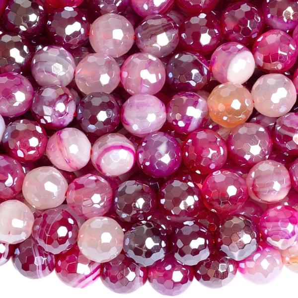 Szalagos ach�t gy�ngy�k 8 mm csiszolt fukszia bevonattal zsin�r